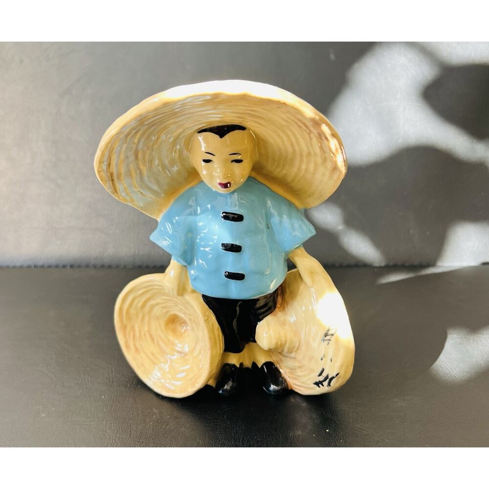 Stewart B. McCulloch California Pottery 7.25" Planter Vase Asian Boy Hats 1948